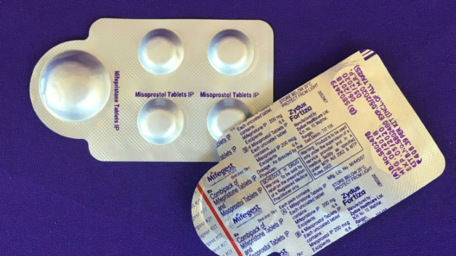 A combination pack of mifepristone (L) and misoprostol tablets, two medicines used together to cause an abortion