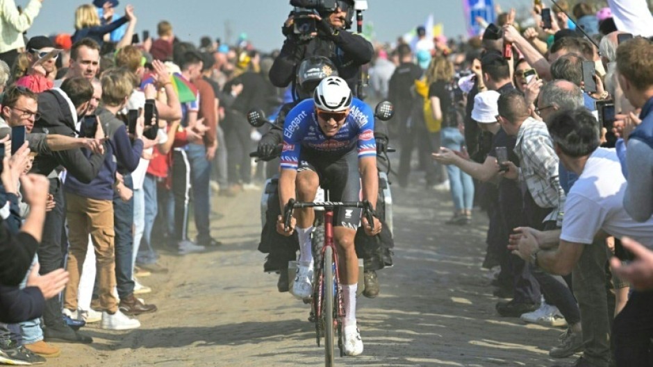 Dutch rider Mathieu van der Poel on his way to a major success at Roubaix