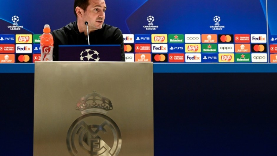 Chelsea coach Frank Lampard gives a press conference at the Santiago Bernabeu stadium in Madrid