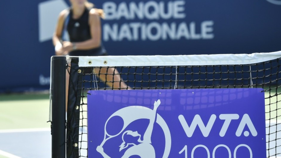 The WTA logo on the net during in August 2021's Montreal Open