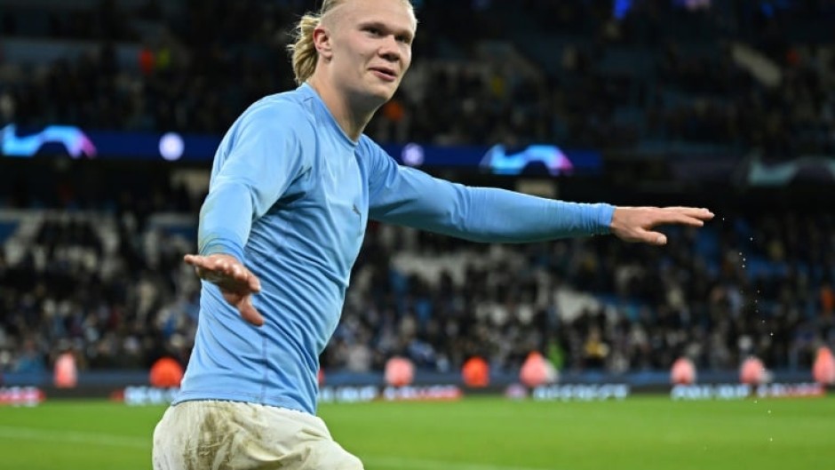 Manchester City striker Erling Haaland celebrates after scoring against Bayern