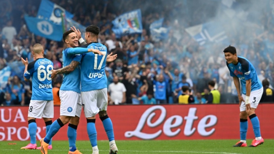 Great start: Napoli's Giacomo Raspadori congratulates goalscorer Mathias Olivera
