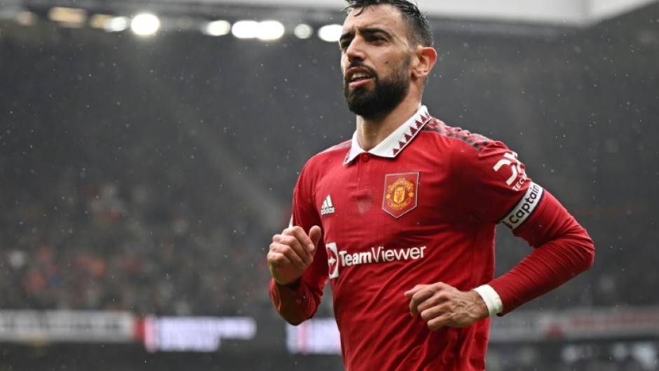 Manchester United's Bruno Fernandes celebrates his goal against Aston Villa