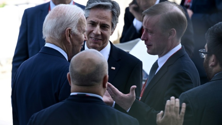 US National Security Adviser Jake Sullivan (R) -- seen with US President Joe Biden (L) and US Secretary of State Antony Blinken (C) at the G7 Summit in May 2023 -- has offered to maintain current nuclear warhead limits with Russia
