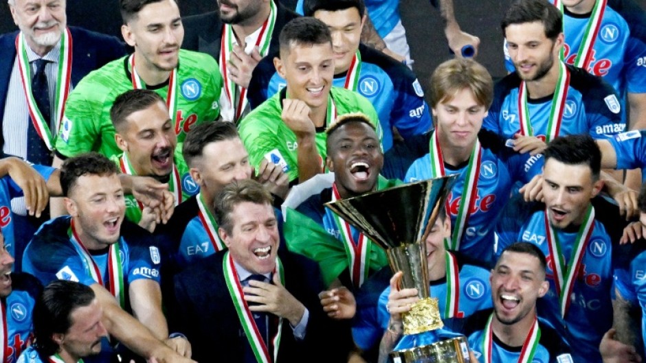 Napoli players and officials celebrate the Scudetto win