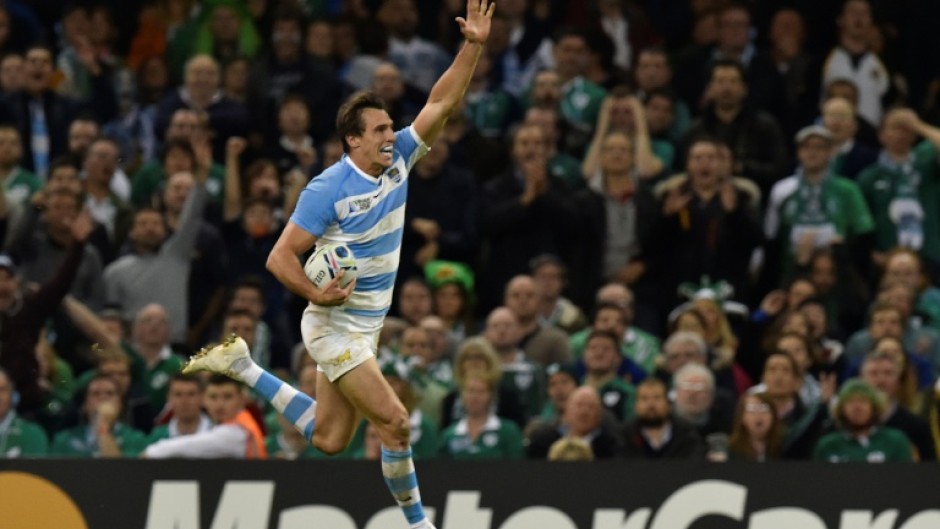 Juan Imhoff celebrating his second try as Argentina beat Ireland in a World Cup quarter final in Cardiff in 2015