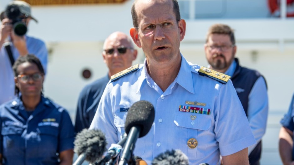 US Rear Adm. John Mauger, the First Coast Guard District commander, speaks at a press conference at the US Coast Guard Base Boston in Boston, Massachusetts, on June 22, 2023