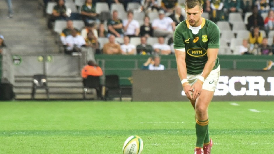 Handre Pollard kicks a penalty for South Africa against Wales during a 2022 Test in Cape Town.
