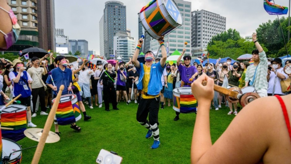 Participants gather at City Hall Plaza during a Pride event in support of LGBTQ rights during the Seoul Queer Culture Festival in 2022