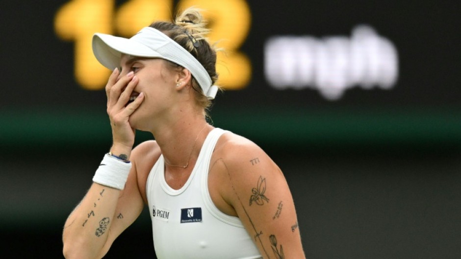 Marketa Vondrousova reacts after beating Jessica Pegula to reach the Wimbledon semi-finals
