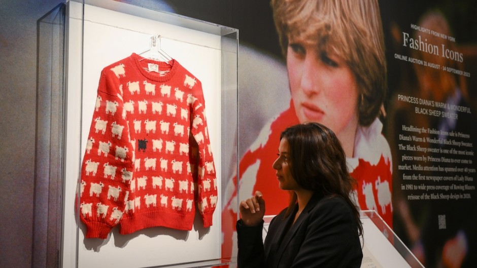 Princess Diana’s "Black Sheep Jumper" seen during a press view at Sotheby's auction house in London. AFP/Daniel Leal
