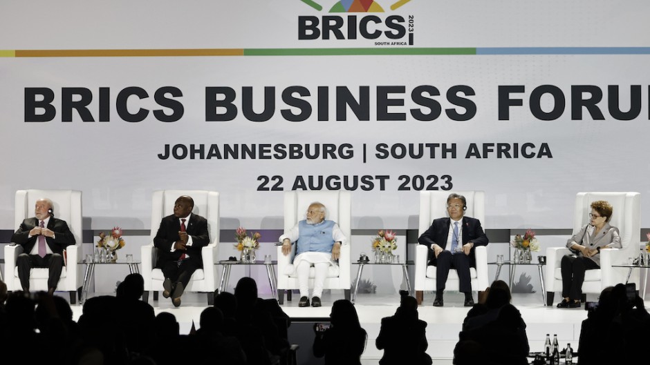 The leaders of Brazil, South Africa, India and China with chair of the New Development Bank Dilma Rousseff attend the 2023 BRICS Summit. AFP/Marco Longari