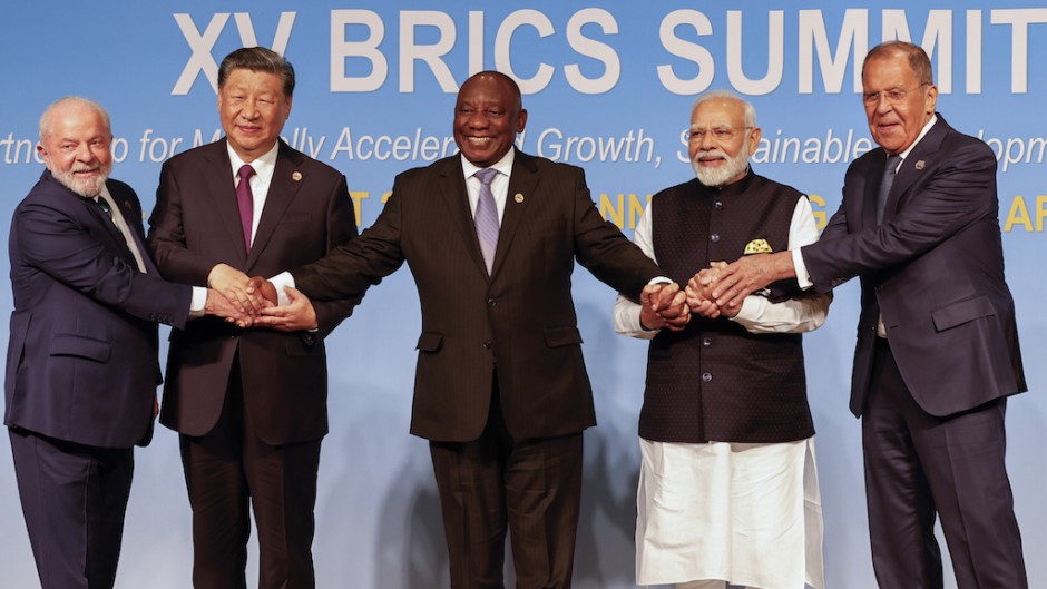 The leaders of Brazil, China, South African India and Russia's Foreign Minister pose for a BRICS family photo. AFP/Pool
