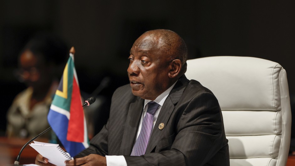 President Cyril Ramaphosa delivers his remarks at the plenary session during the 2023 BRICS Summit. AFP/Pool