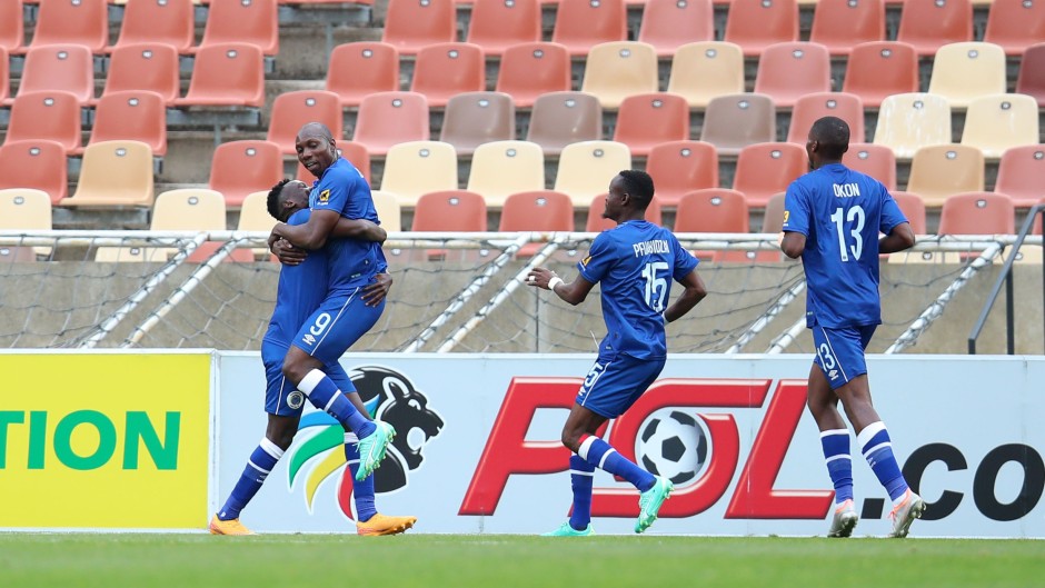 Etiosa Ighodaro of Supersport United celebrates goal with teammates