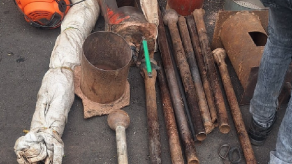 Police confiscated illegal mining tools used by zama zamas in the area of Riverlea. 