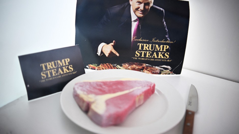 An advertisement for Trump Steaks (2007) is seen in a display showing failed Trump businesses during a preview of the Museum of Failure in Washington. AFP/Mandel Ngan