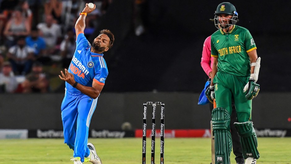India's Mukesh Kumar delivers a ball during the third ODI cricket match between South Africa and India at Boland Park in Paarl. AFP/Rodger Bosch