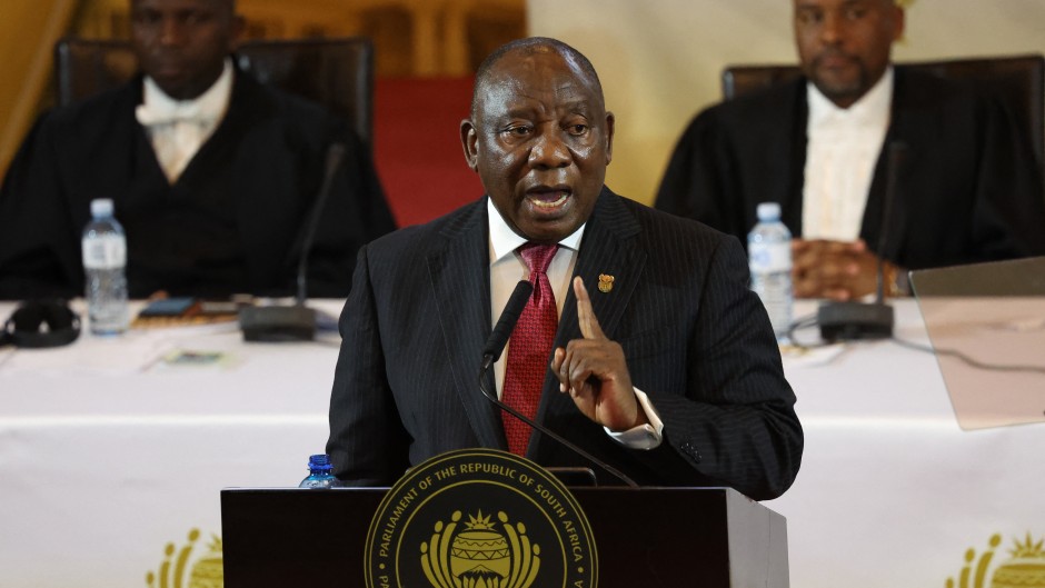 South African President Cyril Ramaphosa delivers the state of the nation address at the City Hall in Cape Town on February 8, 2024.