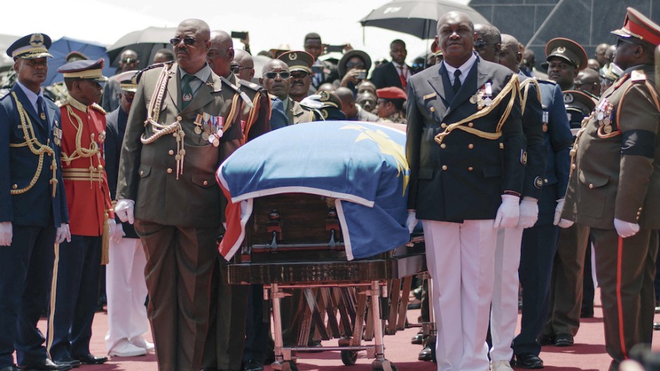 Members of the Namibian Defence Forces escort the coffin of the late Namibian President Hage Geingob at Heroes Acre. AFP/Michael Petrus