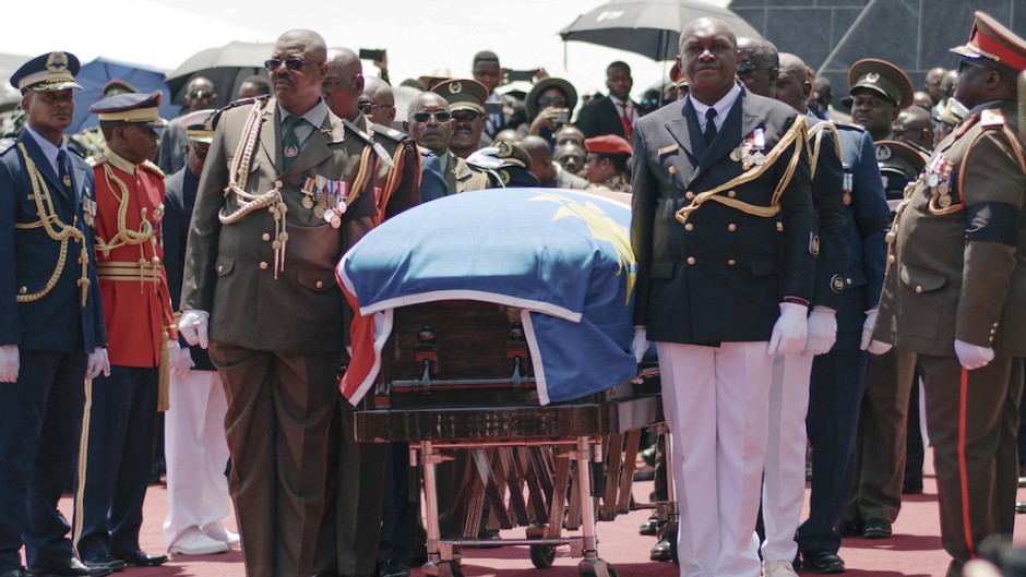 Members of the Namibian Defence Forces escort the coffin of the late Namibian President Hage Geingob at Heroes Acre. AFP/Michael Petrus