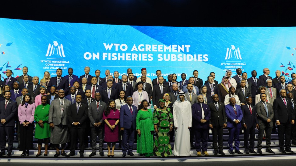 Delegates take a group picture during a session on fisheries subsidies during the 13th WTO Ministerial Conference in Abu Dhabi. AFP/Giuseppe Cacace