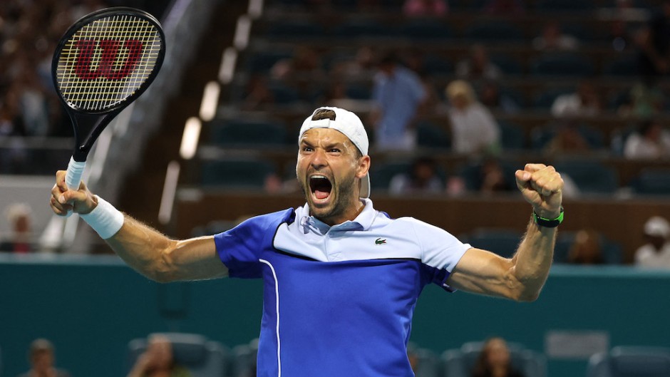 Grigor Dimitrov of Bulgaria celebrates after defeating Carlos Alcaraz of Spain. AFP/Al Bello/Getty Images