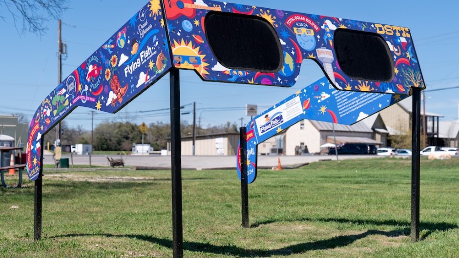 The City of Dripping Springs, Texas, prepares for the solar eclipse with a set of larger than life glasses. AFP/Suzanne Cordeiro