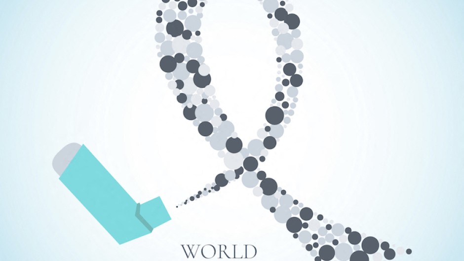 An inhaler with grey ribbon for asthma awareness day. AUM / Science Photo Library via AFP