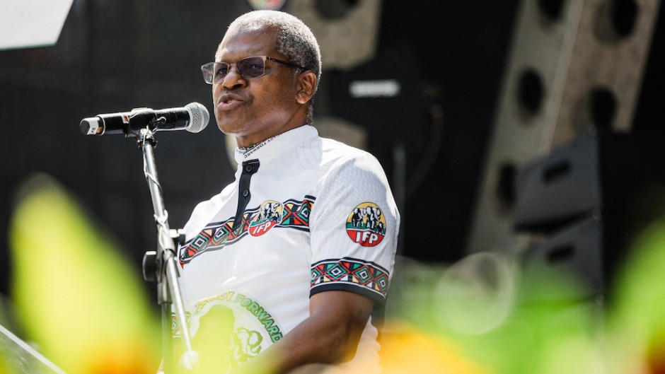 IFP leader Velenkosini Hlabisa addresses supporters during the IFP election manifesto launch. AFP/Rajesh Jantilal