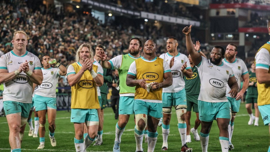 South Africa's players acknowledge the crowd at the end of the second Rugby Union test match between South Africa and Ireland. AFP/Phill Magakoe