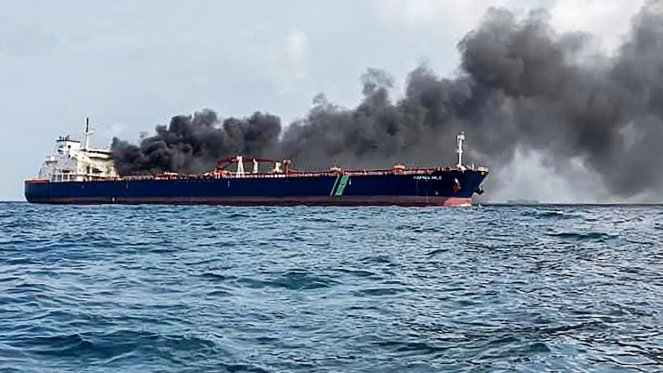 The Singapore-flagged tanker Hafnia Nile on fire in Tanjung Sedili, AFP/Malaysian Maritime Enforcement Agency