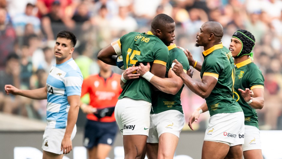 Fullback Aphelele Fassi celebrates his try with teammates during the rugby union Championship match between Argentina's Pumas and South Africa's Springboks. AFP/Geronimo Uranga