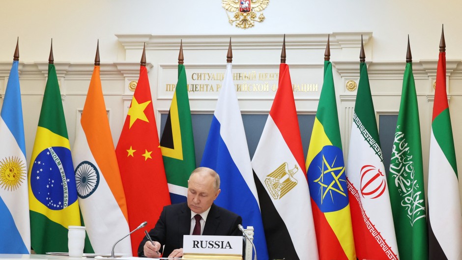 Russia's President Vladimir Putin attending a virtual summit of the BRICS group of nations. AFP/Pool