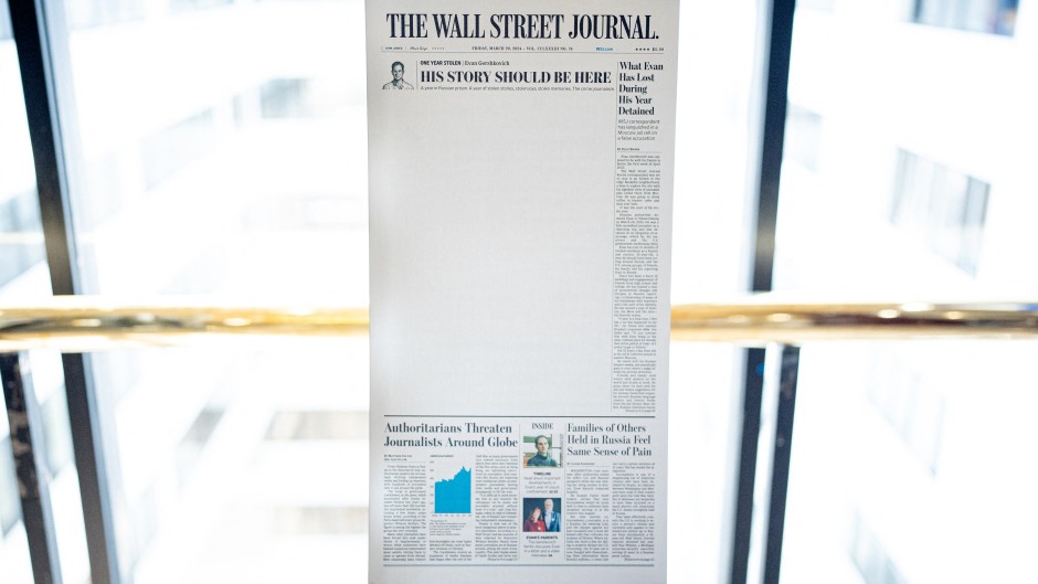 The Wall Street Journal's front page from the one year anniversary of the arrest of Evan Gershkovich. Andrew Harnik/Getty Images/AFP