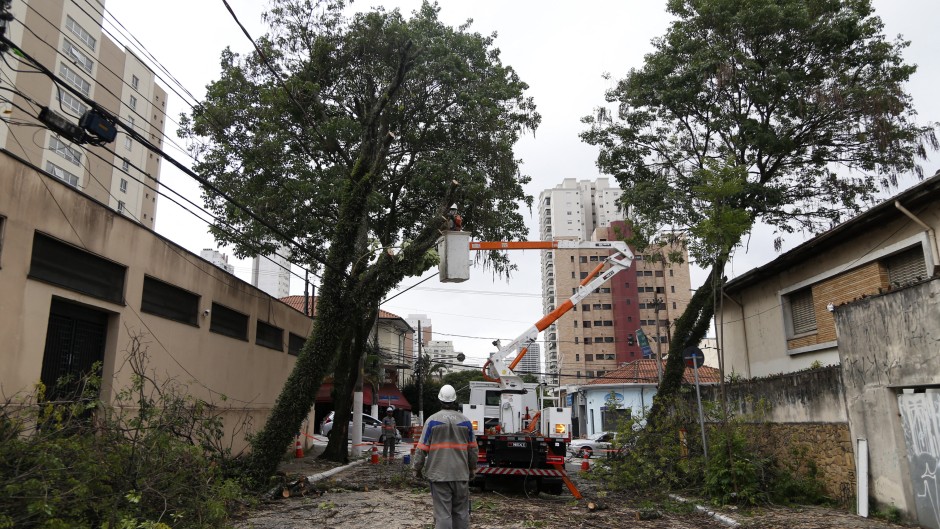A power company employee cuts branches from a tree after heavy rains in Sao Paulo. AFP/Miguel Schincariol