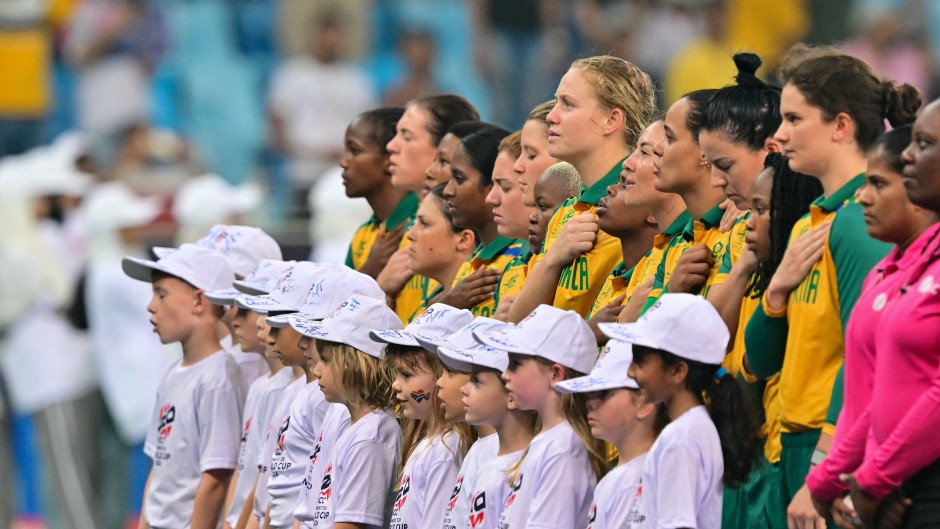 The Proteas women before the start of the ICC Women's T20 World Cup cricket final match. AFP/Giuseppe Cacace