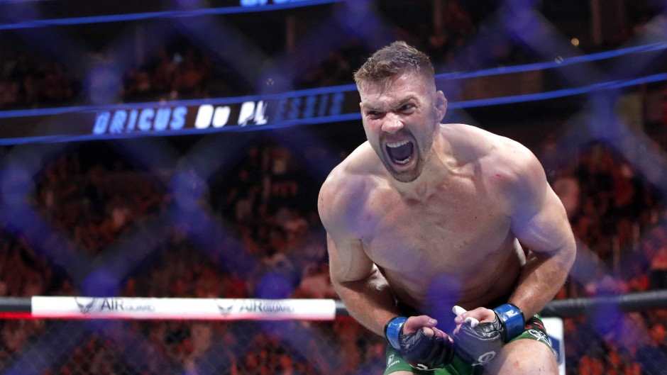 Dricus Du Plessis celebrates after defeating Robert Whittaker in a middleweight bout during UFC 290 at T-Mobile Arena on July 08, 2023 in Las Vegas, Nevada. 
