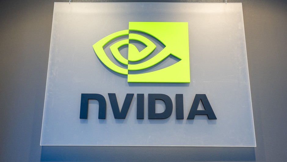 Signage is seen in the Nvidia office. Brandon Bell/Getty Images via AFP
