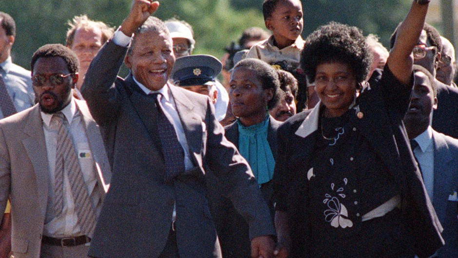 File: Nelson Mandela greets a cheering crowd upon his release from the Victor Verster prison near Paarl. AFP/Alexander Joe