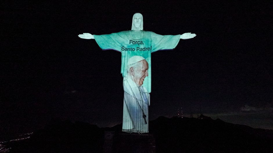 A picture of Pope Francis projected on the Christ the Redeemer statue in Rio de Janeiro, Brazil. AFP/Sanctuary of Christ the Redeemer