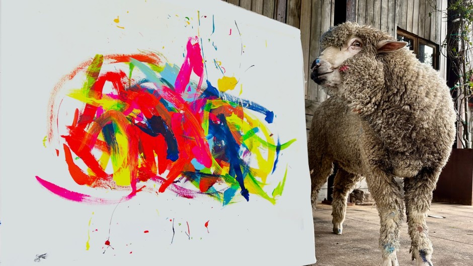 Baanksy the sheep with an original painting. Picture supplied