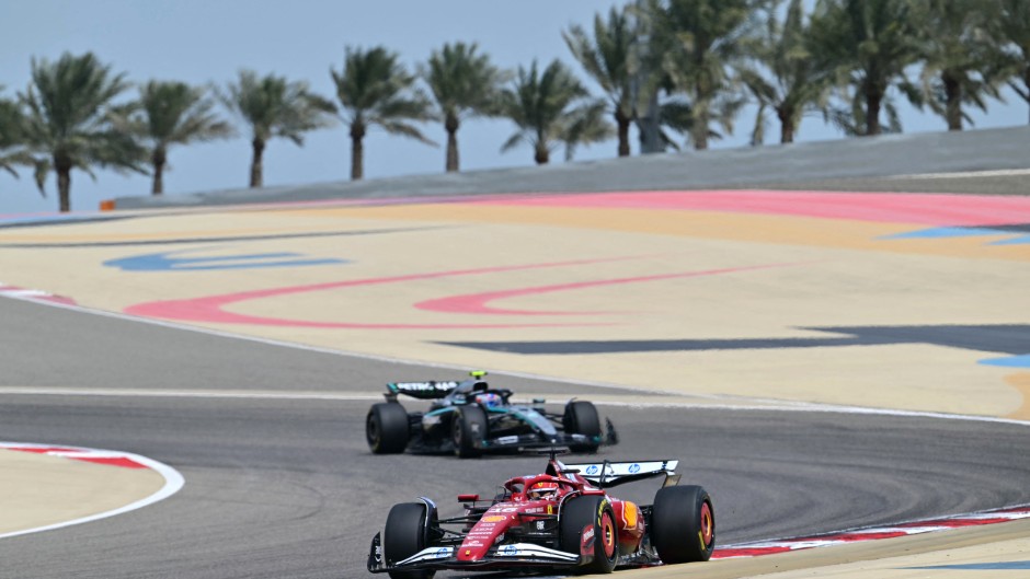 Ferrari's Charles Leclerc and Mercedes' Andrea Kimi Antonelli drive on the third day of the Formula One pre-season testing at the Bahrain International Circuit. AFP/Giuseppe Cacace