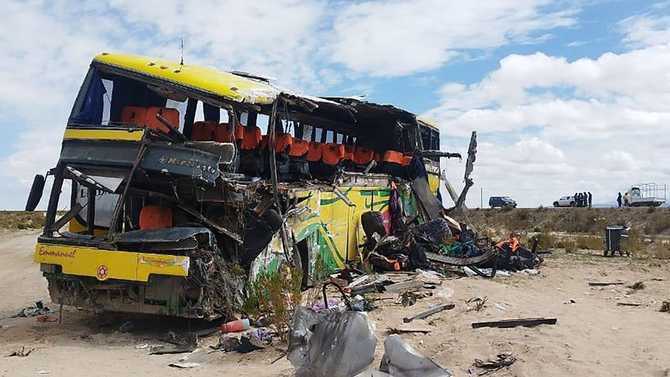 The wreckage of a bus that collided with another one on a highway near Uyuni, Bolivia. AFP/Bolivian Police 
