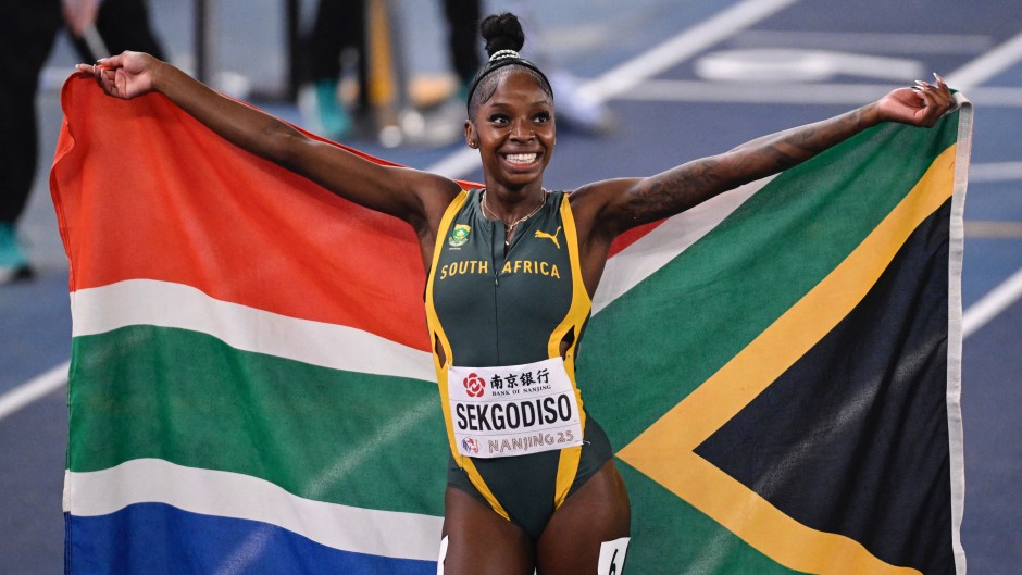 Prudence Sekgodiso celebrates in the women’s 800m final during the World Athletics Indoor Championships in Nanjing. AFP/Wang Zhao