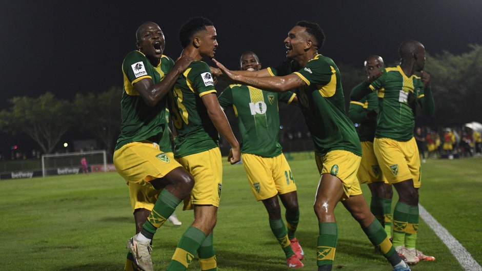 Golden Arrows right-back Keenan Phillips celebrates his goal. BackpagePix/Sydney Mahlangu