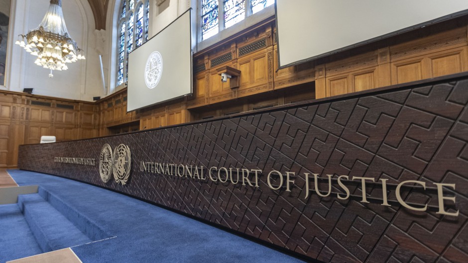 The International Court of Justice logo and inscription. STR/NurPhoto via AFP