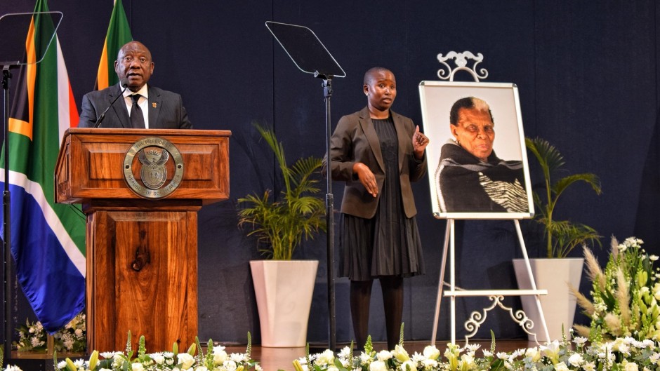 President Cyril Ramaphosa delivers his eulogy during the late Gertrude Shope's funeral in Braamfontein, Johannesburg