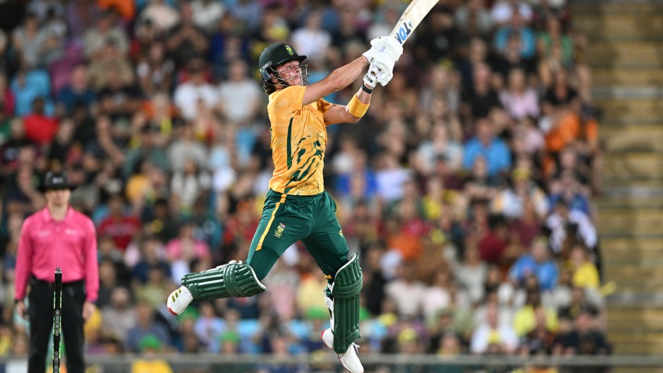 South Africa's batsman Dewald Brevis plays a shot during the second Twenty20 international cricket match between Australia and South Africa in Darwin on August 12, 2025.