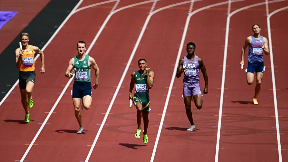 South Africa's Gardeo Isaacs competes in the mixed 4x400m relay heats during the World Athletics Championships. AFP/Yuichi Yamazaki